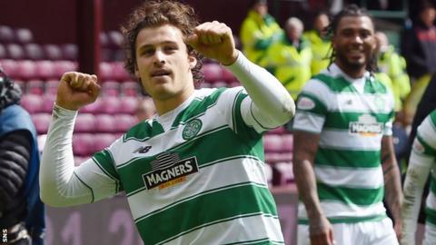 Erik Sviatchenko celebrates Celtic's victory over Hearts