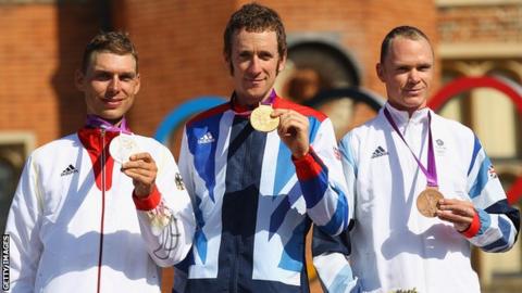 Tony Martin, Bradley Wiggins and Chris Froome with their Olympic time trial medals on the podium at London 2012