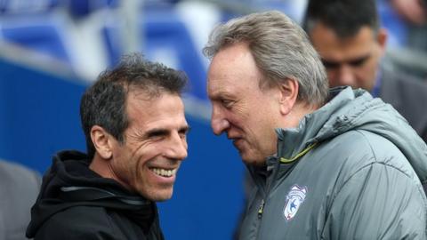 Rival managers Gianfranco Zola and Neil Warnock share a joke before kick-off in Cardiff