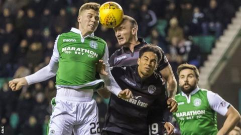 Florian Kamberi of Hibernian and Motherwell's Richard Tait contest possession