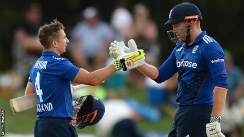 Jonny Bairstow congratulates James Taylor on his century