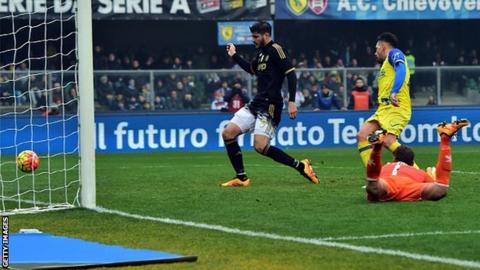Juventus forward Alvaro Morata scores against Chievo