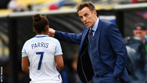 England women's head coach Phil Neville gives instructions to Nikita Parris on the sidelines