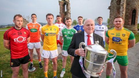 Ulster Council chairman Oliver Galligan with inter-county footballers at the launch of the 2019 Ulster SFC campaign at the Hill of The O'Neill in Dungannon