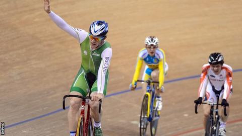 Martyn Irvine celebrates winning the scratch race at the 2013 Track Cycling World Championships