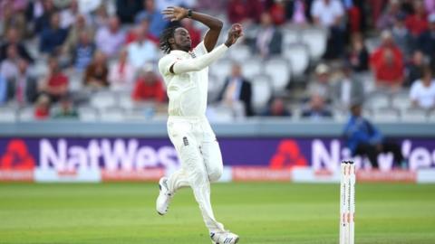 Jofra Archer in action during day two of the second Test Match between England and Australia at Lord's Cricket Ground