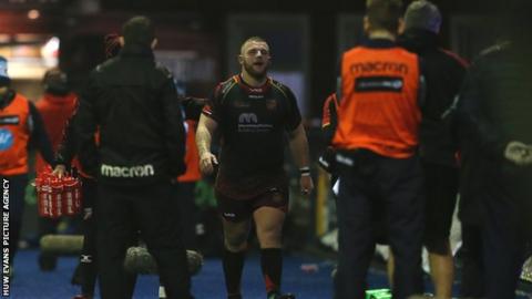 Dragons prop walks off after being dismissed by referee Frank Murphy in the loss at Cardiff Blues