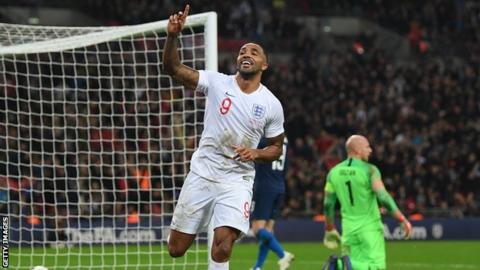 Callum Wilson celebrates scoring for England on his debut