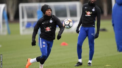 Willian and Antonio Rudiger during a training session at Chelsea Training Ground