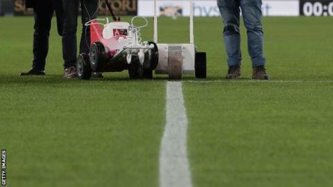 The penalty area line at Hellas Verona's stadium prior to their game against Genoa