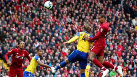 Joel Matip scores Liverpool's second goal against Southampton
