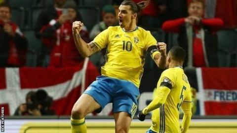 Zlatan Ibrahimovic celebrates scoring for Sweden