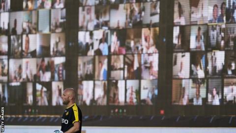 Screens with fans are shown during the Danish Superliga game between AGF Aarhus and Randers FC