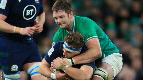 Iain Henderson gets to grips with Jamie Ritchie in the opening Six Nations win over Scotland