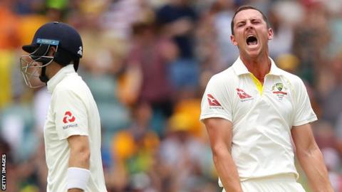 Australia's Josh Hazlewood traps England's Joe Root lbw in the first Test