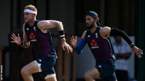 England bowlers Stuart Broad (left) and Saqib Mahmood (right) sprint during training in Sri Lanka