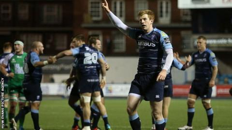 Rhys Patchell celebrates Blues' win over Connacht