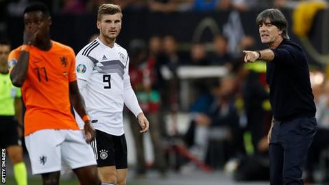 Joachim Low shouts out instructions to his players during Friday's defeat in Hamburg