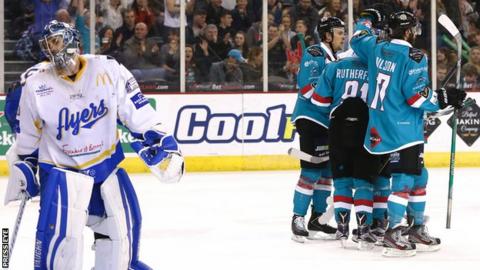 Belfast Giants celebrate after Mike Radja opens the scoring against Fife Flyers on Saturday night