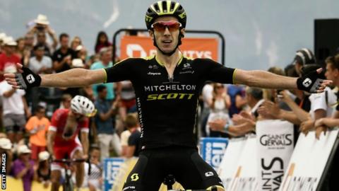Adam Yates celebrates victory on the seventh stage of the 2018 Criterium du Dauphine