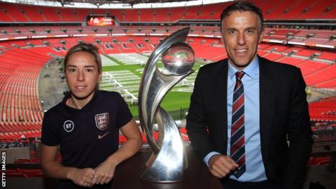 England international Jordan Nobbs (left) and manager Phil Neville (right) pose with the European Championship trophy at Wembley