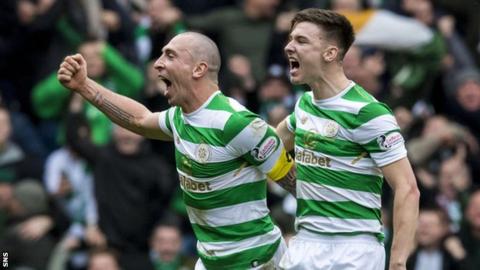 Scott Brown and Kieran Tierney celebrate Celtic's 3-2 victory at Ibrox in March