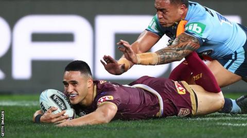 Valentine Holmes scores a try for Queensland