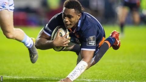 Bill Mata scores a try for Edinburgh against Cardiff Blues