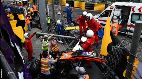 The scene at the crash site after Sophia Florsch, a German driver of Van Amersfoort Racing, flew over the barriers and crashed into a photographers' bunker at high speed