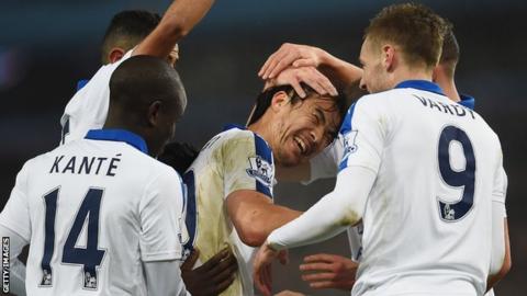 Shinji Okazaki is congratulated after scoring Leicester's opener against Aston Villa