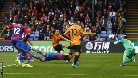 Wolves' Diogo Jota falls to the ground after scoring against Palace earlier this season