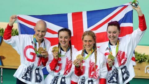 Britain's team pursuit squad celebrate winning gold at the 2016 Olympics