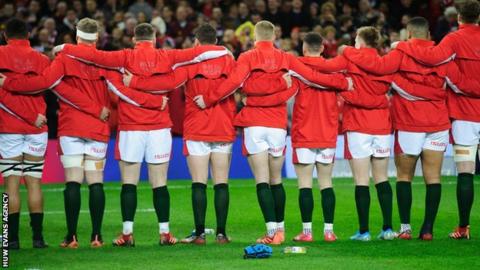 Wales players line up for the anthems