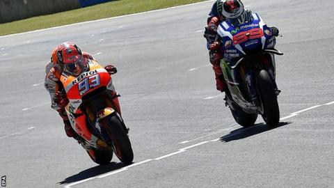 Jorge Lorenzo (right) sees off Marc Marquez in Mugello