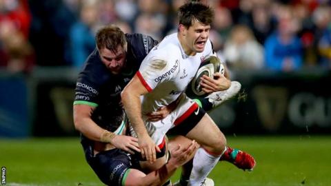 Louis Ludik is tackled by Connacht duo Paddy McAllister and Tom Daly