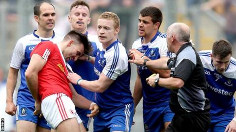 Tiernan McCann's theatrical fall after having his hair ruffled by Darren Hughes annoyed Monaghan players