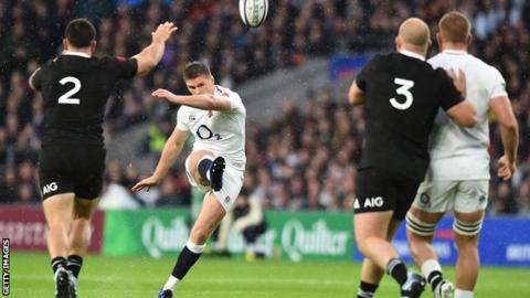England's fly-half Owen Farrell in action against New Zealand