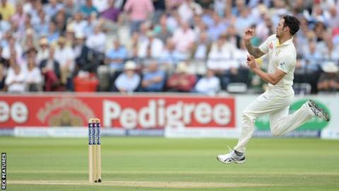 Mitchell Johnson bowls against England in an Ashes Test