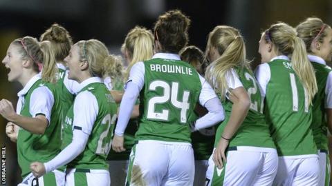 Hibernian players celebrate during the Scottish Cup win over Glasgow City