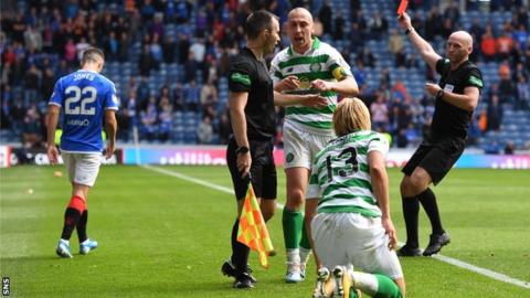 Rangers' Jordan Jones is sent off for his tackle on Celtic's Moritz Bauer