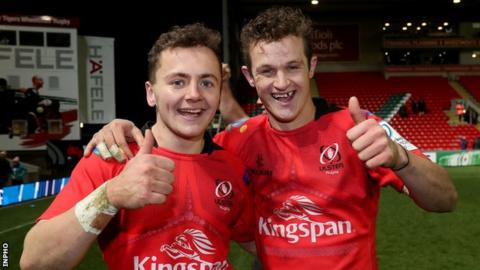Michael Lowry and Billy Burns celebrate beating Leicester Tigers at Welford Road last season
