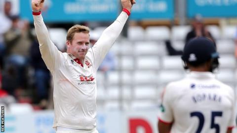 Essex bowler Simon Harmer celebrates taking the wicket of Kent batsman Darren Stevens