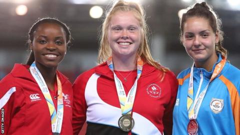 Sarah Omoregie (left) finished second behind Canada's Trinity Tutti and Styliana Kyriakidou of Cyprus.