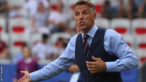 Phil Neville on the touchline managing England at the Women's World Cup