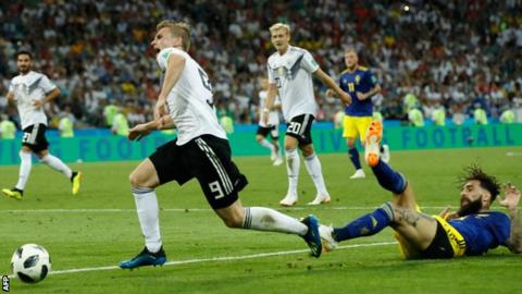 Jimmy Durmaz fouls Timo Werner during Sweden's 2-1 defeat by Germany at the World Cup