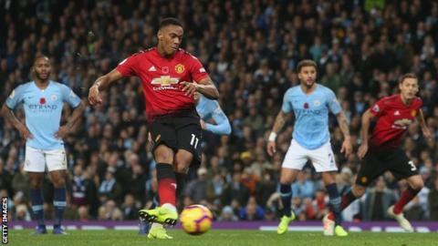 Anthony Martial scores a penalty against Manchester City