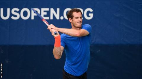 Andy Murray plays a backhand in practice at the US Open