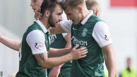 James Keatings and Jason Cummings celebrate for Hibs