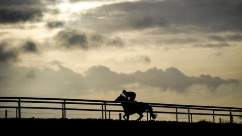 Keith Donoghue taking Envoi Allen for a gallop at Gordon Elliott's yard