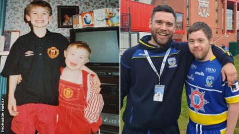 Brothers Craig and Oliver Thomason together as children and in later life